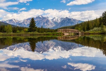 Fototapeta na wymiar Mountain Reflections On A Park Lake