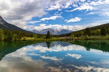 Fototapeta na wymiar Panoramic Reflections On Cascade Ponds In Banff