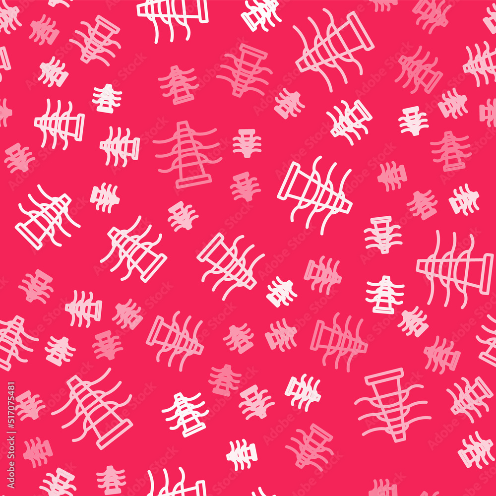 Poster white line electric tower used to support an overhead power line icon isolated seamless pattern on r