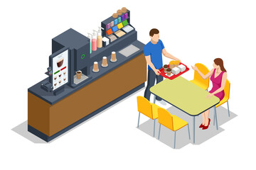 Isometric self-service coffee machines offer consistent quality coffee. Vending machine with coffee in the supermarket, Tables with chairs.