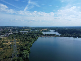 Obraz premium Aerial view of high voltage power lines, rivers and lakes