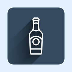 White line Beer bottle icon isolated with long shadow background. Blue square button. Vector