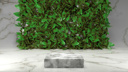 empty marble stand podium pedestal for beauty product advertising with green leaves backdrop. 3D render illustration mock-up template