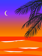 Vector beach sunset ocean landscape illustration for banner. Summer sunset background. Colorful tropical landscape with moon, palm trees forest and calm water reflection. Hello august