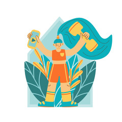 Stay home, keep fit and positive. A girl does fitness at home with dumbbells. Sport exercise, fitness workout. Physical activity, healthy lifestyle concept, home fitness concept