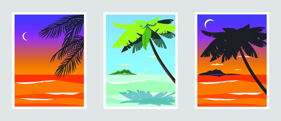 Vector beach sunset and day ocean landscape illustration for banner. Summer sunset background. Colorful tropical landscape with moon, palm trees forest and calm water reflection. Hello august set