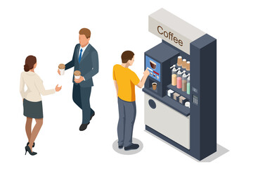 Isometric self-service coffee machines offer consistent quality coffee. Vending machine with coffee in the supermarket.