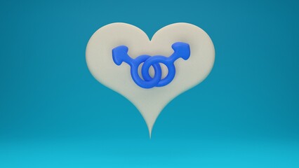 two blue male man gender symbols in paper heart. depict LGBTQ same-sex gay marriage concept. 3d render illustration