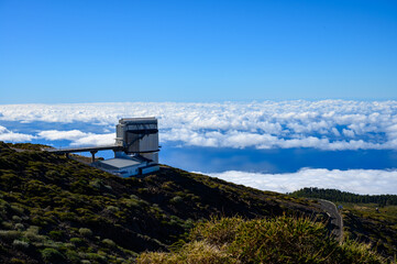 International space observatory and telescopes on La Palma island located on highest mountain range Roque de los muchachos, sunny day, Canary islands, Spain