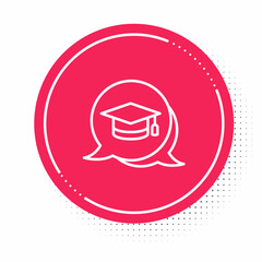 White line Graduation cap in speech bubble icon isolated on white background. Graduation hat with tassel icon. Red circle button. Vector