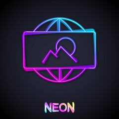 Glowing neon line Wide angle picture icon isolated on black background. Panorama view. Vector