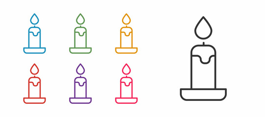 Set line Burning candle in candlestick icon isolated on white background. Cylindrical candle stick with burning flame. Set icons colorful. Vector