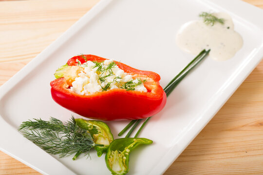 Traditional Bulgarian dish - bell pepper stuffed with brynza (salted goat cheese)