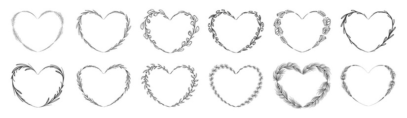 Collection of heart shape leaf wreath element decorative design for invitation card template