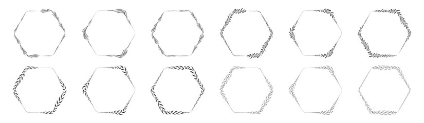 Collection of hexagon shape leaf wreath element decorative design for invitation card template © Eaks1979