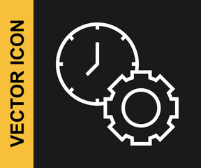 White line Time management icon isolated on black background. Clock and gear sign. Productivity symbol. Vector