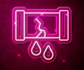 Glowing neon line Broken oil pipe with valve icon isolated on red background. Vector