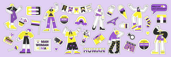 Stickers with nonbinary symbols and flags vector illustration set. Genderqueer elements for lgbtq+ pride on background.
