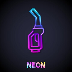 Glowing neon line Gasoline pump nozzle icon isolated on black background. Fuel pump petrol station. Refuel service sign. Gas station icon. Vector