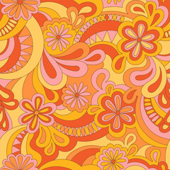 Fototapeta na wymiar Psychedelic hippie seamless pattern. Vector nostalgic retro 60s groovy print. Vintage 70s wavy background. Textile and surface design with old fashioned hand drawn abstract floralel ements