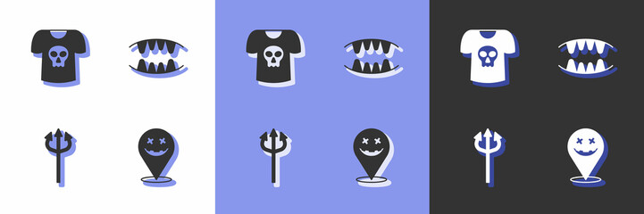Set Happy Halloween holiday, Shirt with skull, Trident devil and Vampire teeth icon. Vector