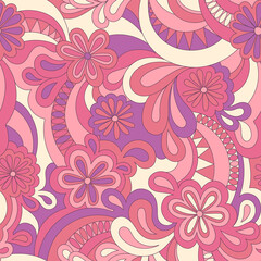 Psychedelic hippie seamless pattern. Vector nostalgic retro 60s groovy print. Vintage 70s wavy background. Textile and surface design with old fashioned hand drawn abstract floralel ements