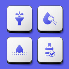 Set Fountain, Drop and magnifying glass, Water drop and Big bottle with clean water icon. White square button. Vector