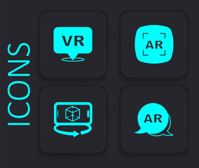 Set Augmented reality AR, Virtual, and 3d modeling icon. Black square button. Vector