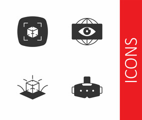 Set Virtual reality glasses, 3d modeling, and Big brother electronic eye icon. Vector