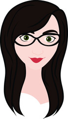 Beautiful Young Woman Vector Illustration with Green Eyes, Black Glasses and Brown Hair Isolated on White
