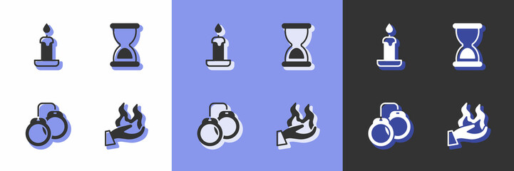 Set Hand holding fire, Burning candle, Handcuffs and Old hourglass icon. Vector
