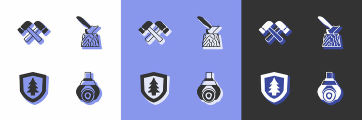 Set Grapple crane grabbed a log, Crossed hammer, Shield with tree and Wooden axe in stump icon. Vector