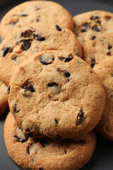 Delicious chocolate chip cookies on grey plate, closeup