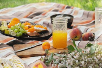 Summer food for picnic. Ripe fruits, healthy snacks and glass of refreshing apricot juice. 