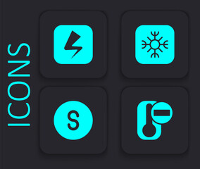 Set Thermometer, Lightning bolt, Snowflake and Compass south icon. Black square button. Vector