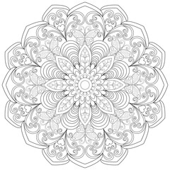 Colouring page, hand drawn, vector. Mandala 56, ethnic pattern, swirl pattern, object isolated on white background.
