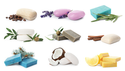 Set with handmade soap bars on white background