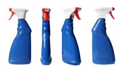 Set with spray bottles of cleaning product on white background. Banner design