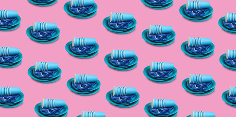 Many disposable tableware on pink background. Seamless pattern design