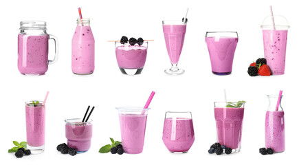 Set with delicious blackberry smoothies on white background