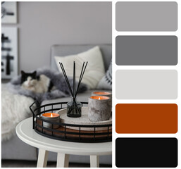 Color palette and photo of candles and aroma reed diffuser on white table near grey sofa. Collage
