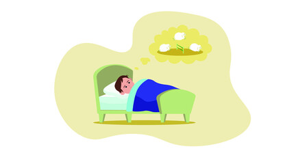 Little child trying to fall asleep counting sheep in bed. Vector illustration