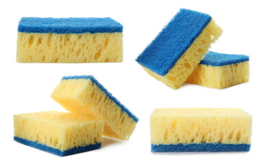 Set with cleaning sponges on white background