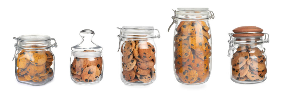 Tasty chocolate chip cookies into glass jars on white background, collage. Banner design