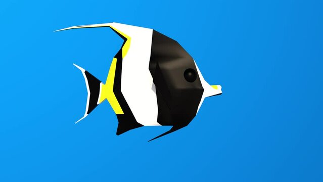 Pez angel negro y blanco nadando en fondo azul. Animaci&oacute;n 3D de pez nadando en el agua. Modelado 3D en Cinema 4D. NFT lowpoly