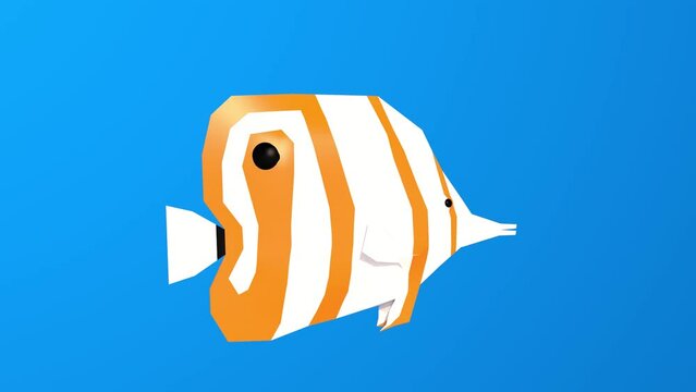 Pez lowpoly animado. Pez blanco con rayas naranjas. Pez de agua salada. Animaci&oacute;n 3D de pez nadando. NFT de pez. Cinema 4D