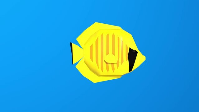 Pez amarillo 3D nadando en el agua. Animaci&oacute;n de pez nadando en mar azul. Fondo azul. Modelado 3D de Pez nadando.