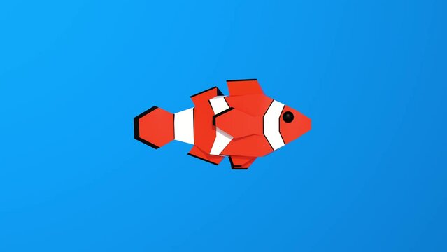 Pez payaso rojo anaranjado y blanco nadando en mar azul. Pez 3D lowpoly. Dise&ntilde;o 3D de pez en pol&iacute;gonos. Modelado 3D en Cinema 4D. Vector pez rojo.