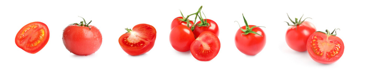 Set with tasty ripe cherry tomatoes on white background. Banner design