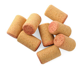 Set of wine bottle corks isolated on white, top view